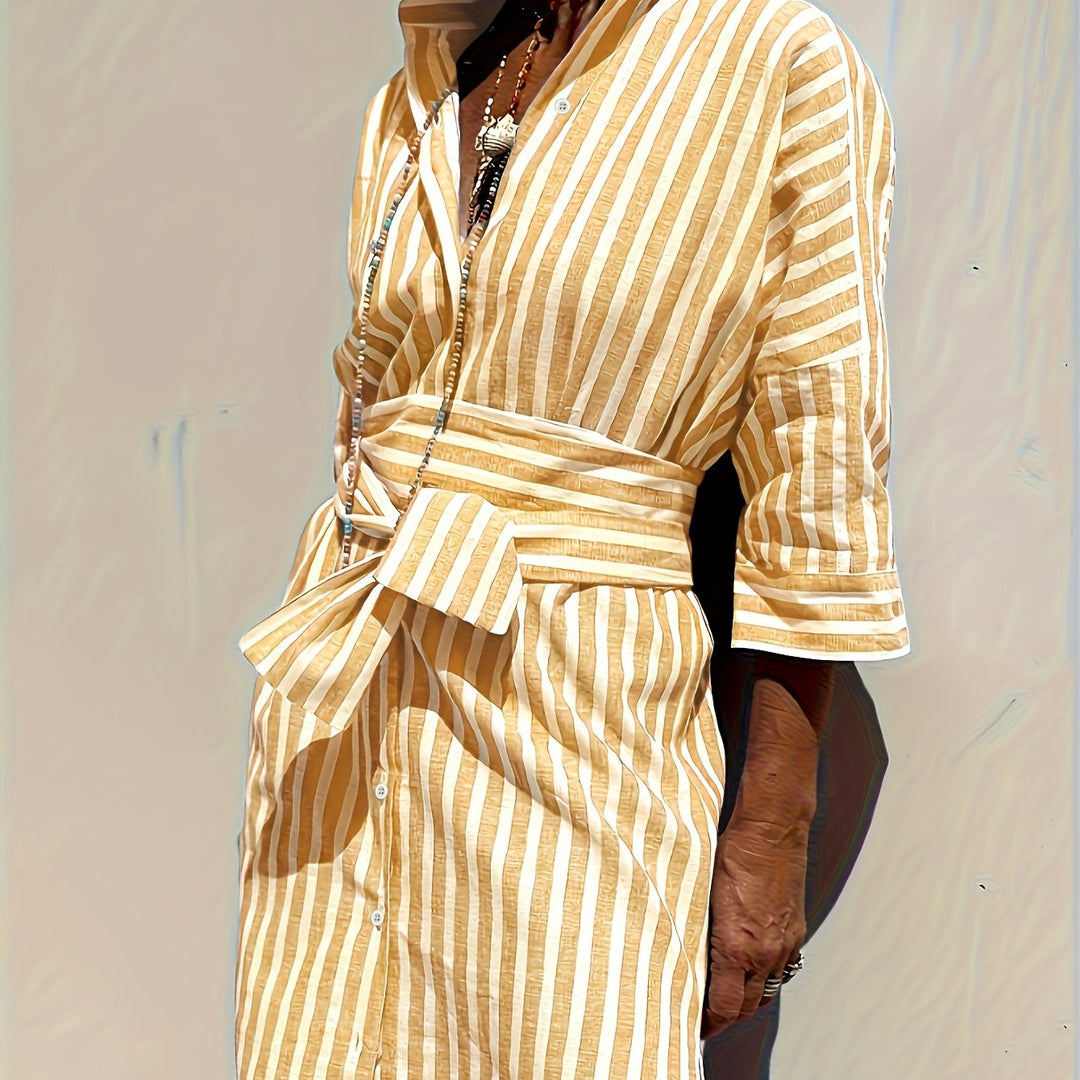 CHRISTINE | STRIPED PRINT DRESS WITH BUTTON CLOSURE AND BELT