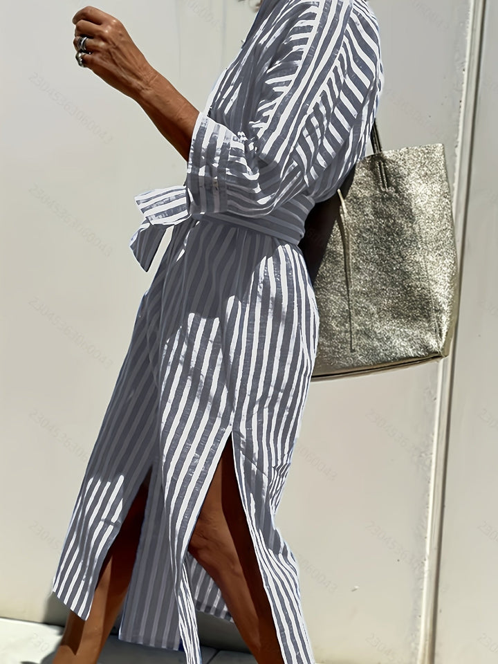 CHRISTINE | STRIPED PRINT DRESS WITH BUTTON CLOSURE AND BELT