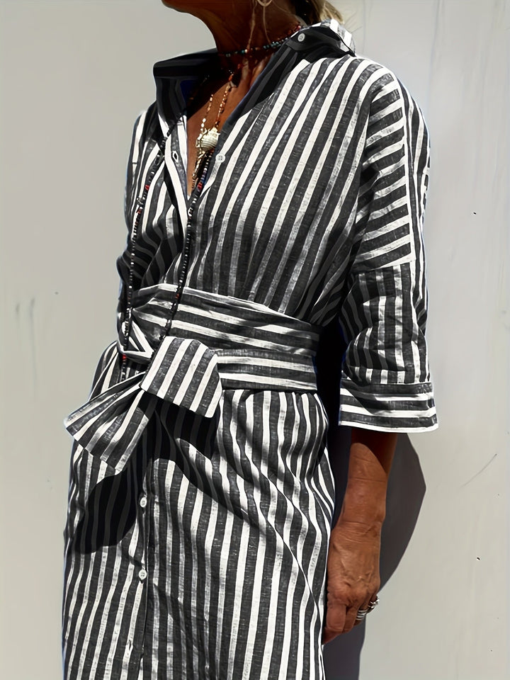CHRISTINE | STRIPED PRINT DRESS WITH BUTTON CLOSURE AND BELT